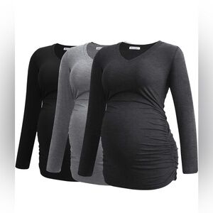 Women's V-Neck Maternity Shirt Clothes Long Sleeve Ruched Pregnancy Top